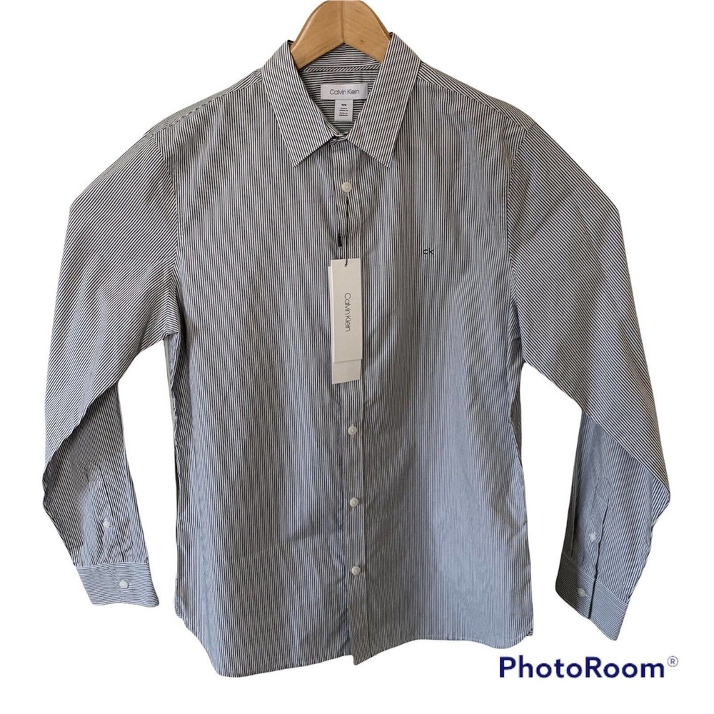CALVIN KLEIN The Extra Fine Cotton Shirt Mens Black Stripe L/S Medium $69.50 - Picture 2 of 5
